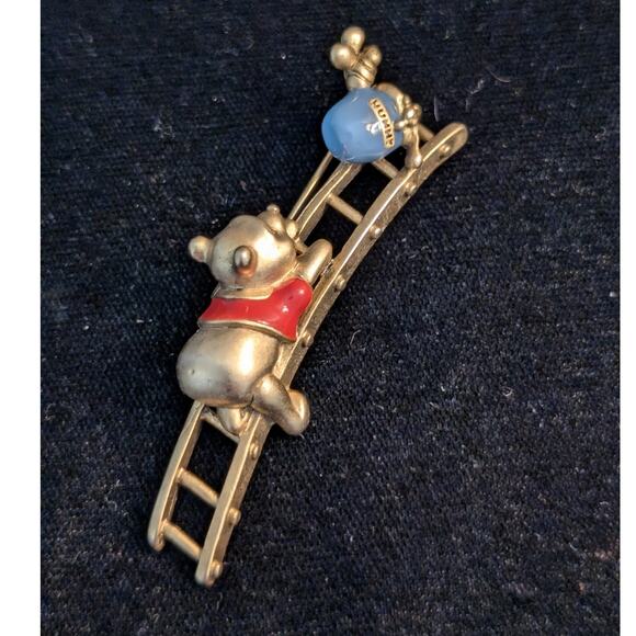Disney Pooh Bear Climbing Ladder to Honey Pot Red & Blue Enamel Gold Tone Pin - Picture 1 of 4